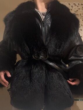 Black Fox Fur Trim Leather Jacket - Luxurious Winter Coat (belt not included)